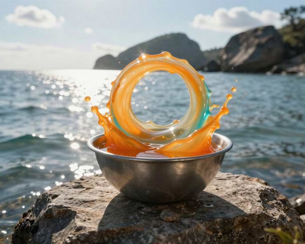 Vibrant orange liquid above silver bowl by the sea