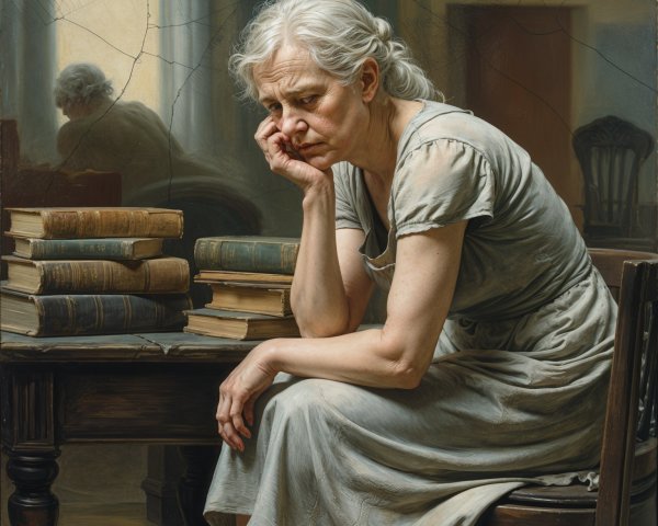 Elderly Woman in Contemplation Surrounded by Books