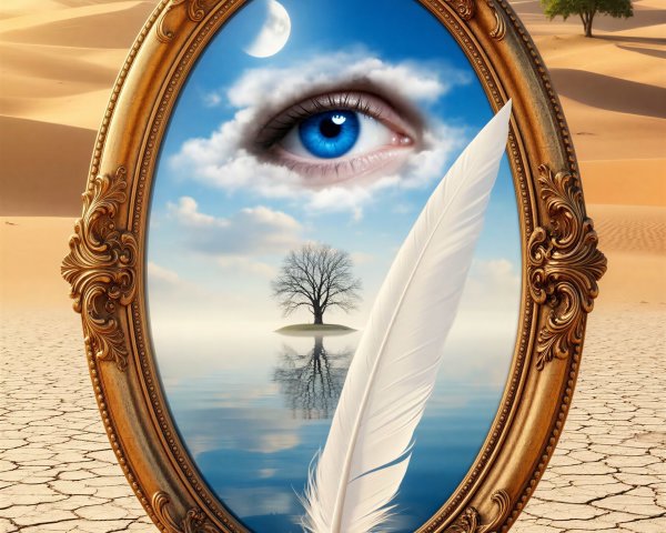 Gilded Mirror with Blue Eye in Desert Landscape