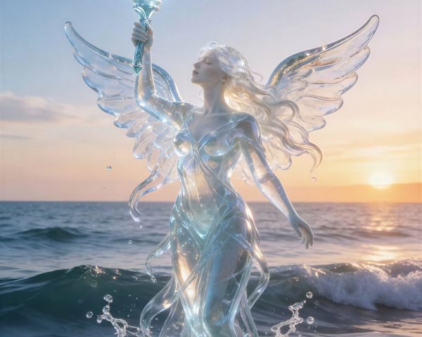 Ethereal goddess in ocean at sunset with glowing torch