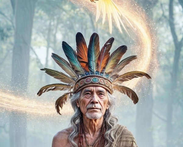 Elderly Indigenous Man in Ethereal Forest Setting
