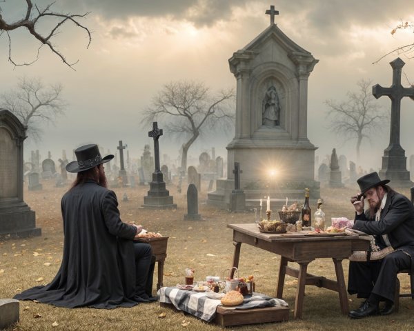Bearded Men Sharing Food in Misty Cemetery Setting