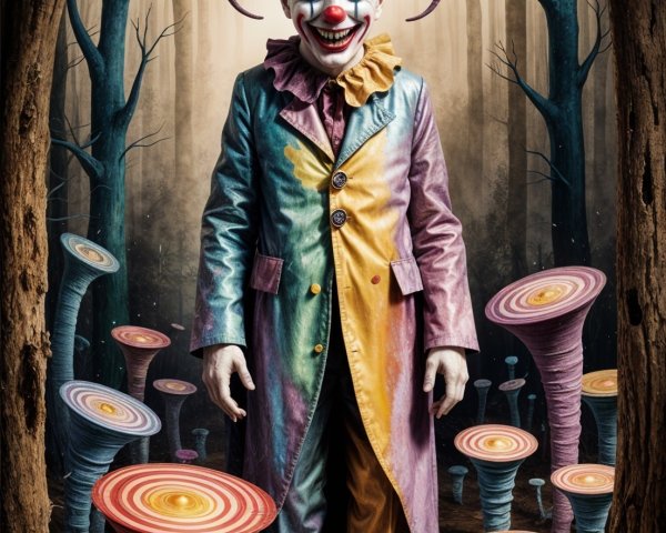Colorful Clown in Whimsical Eerie Forest Setting