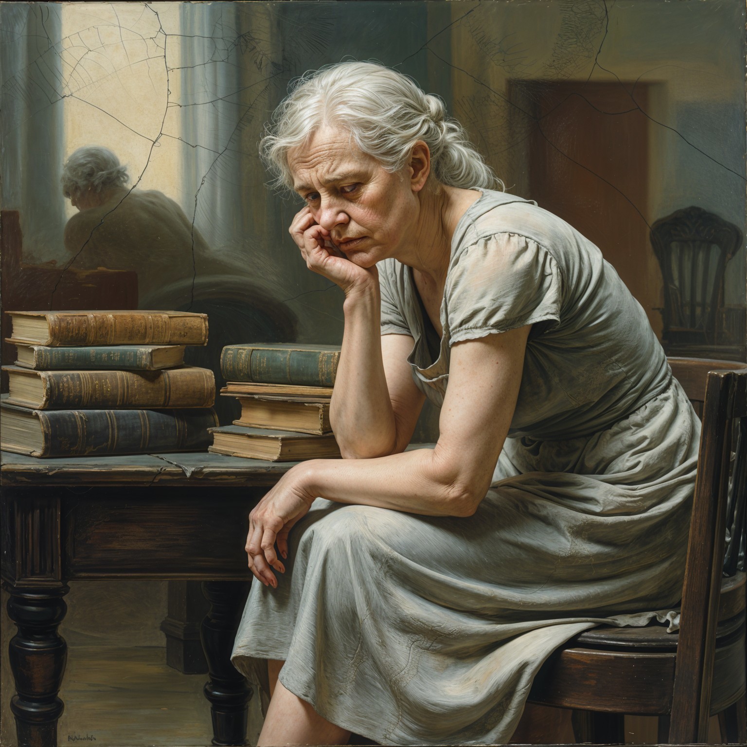 Elderly Woman in Contemplation Surrounded by Books