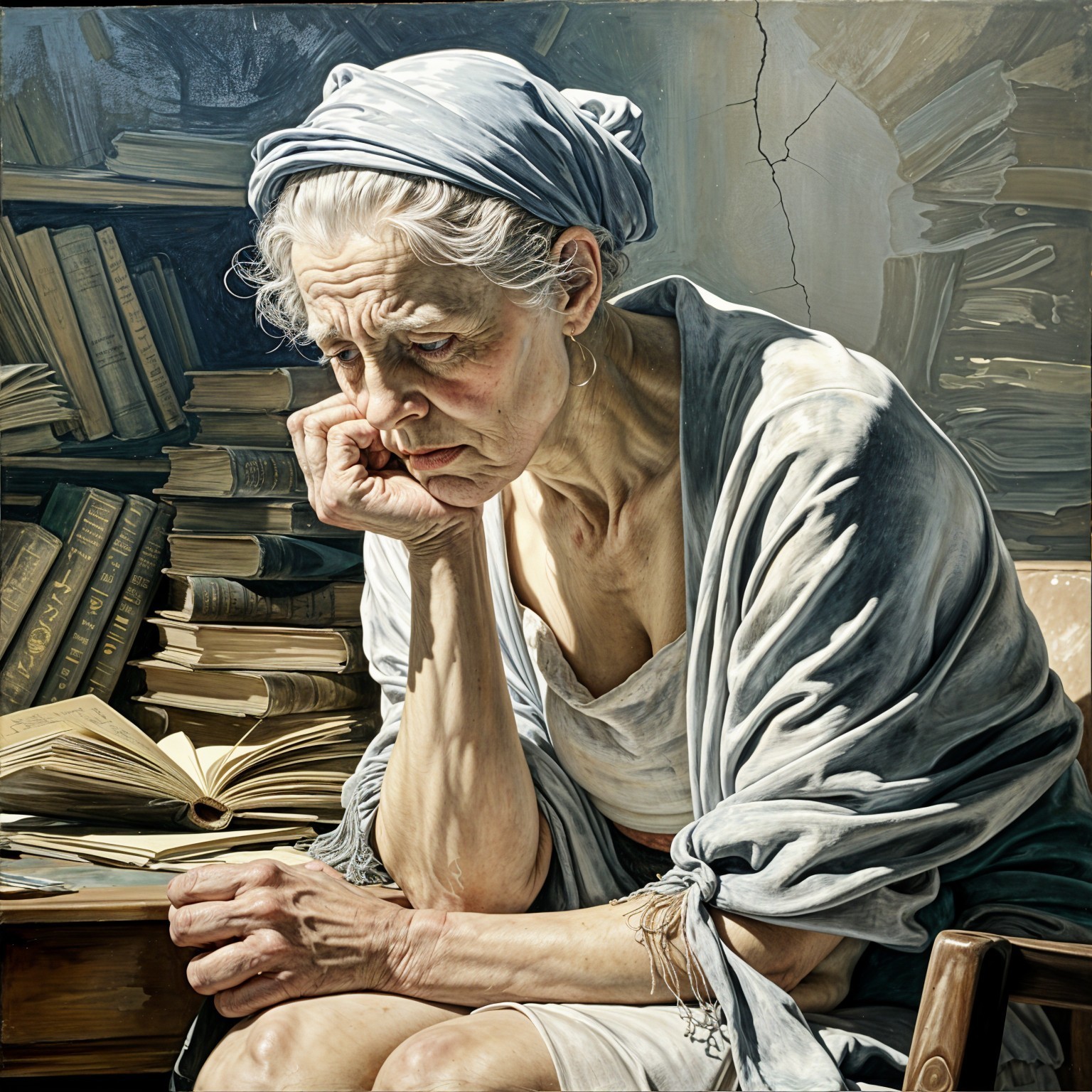 Elderly Woman in Contemplation Surrounded by Books