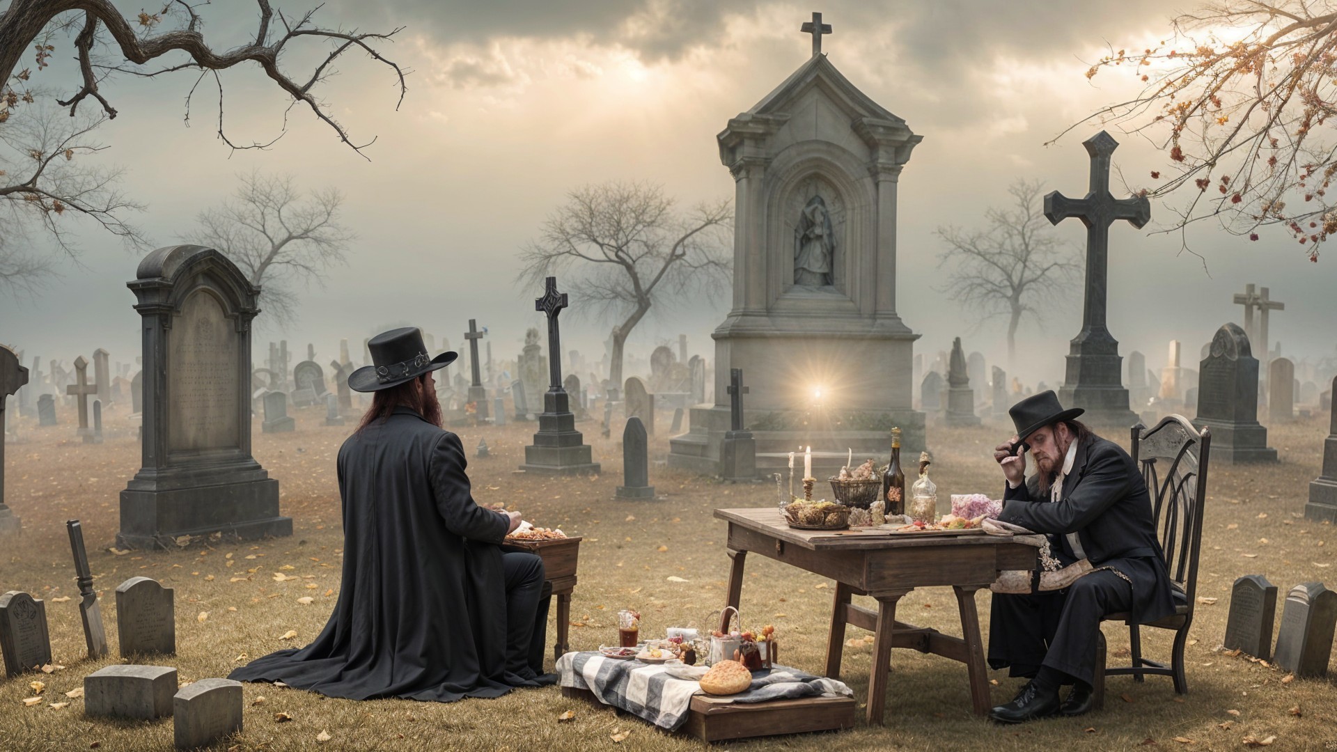 Bearded Men Sharing Food in Misty Cemetery Setting