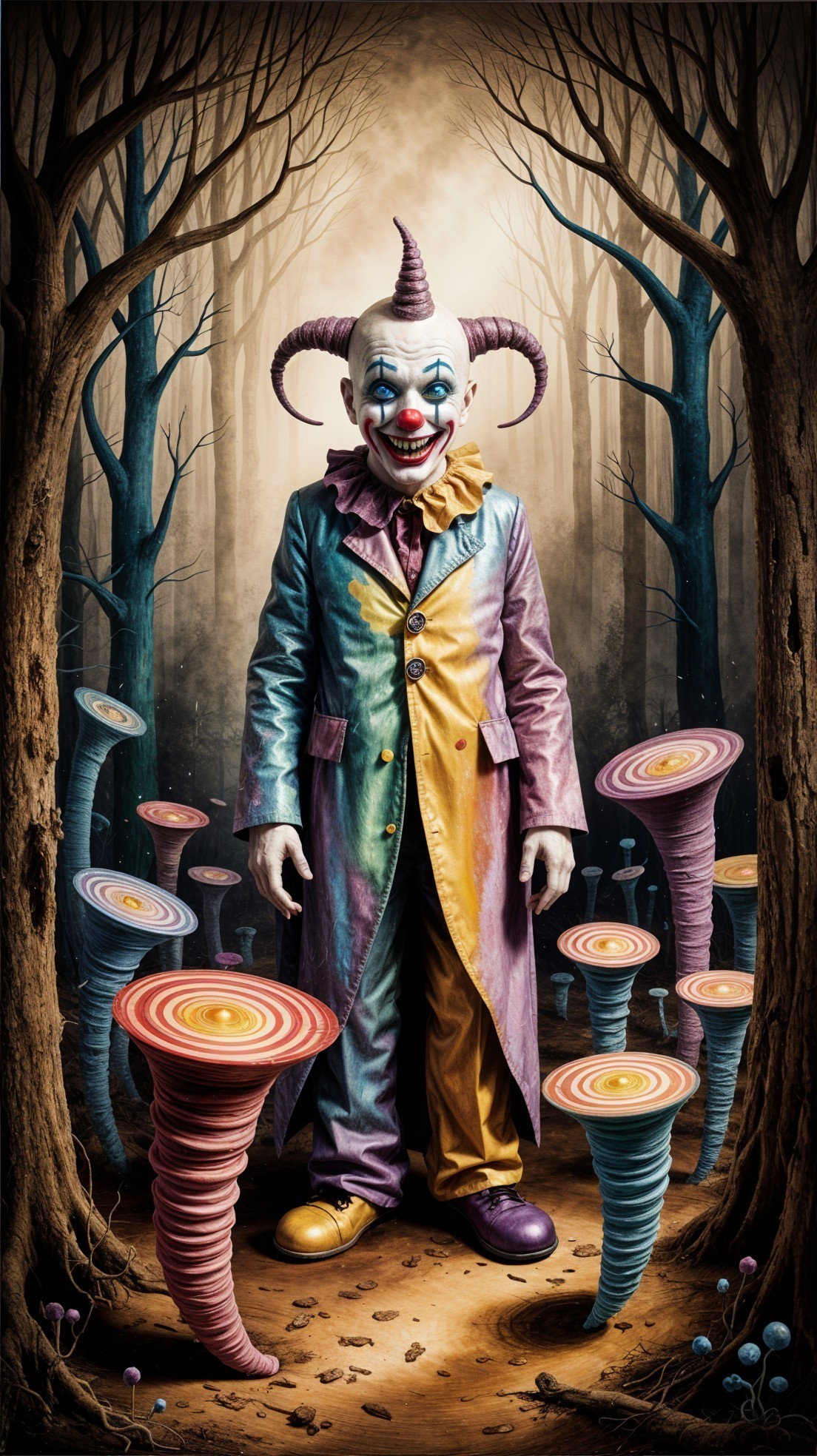 Colorful Clown in Whimsical Eerie Forest Setting