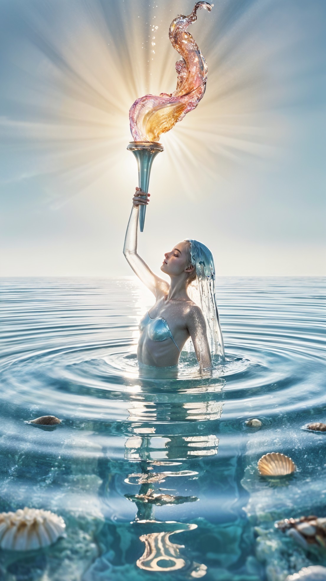Figure in Silver Attire Emerging from Shimmering Waters
