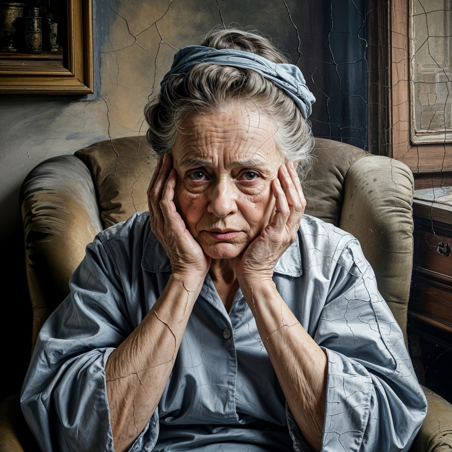 Elderly Woman in Distress in Vintage Armchair
