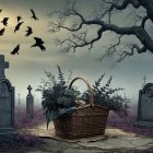Cemetery Scene with Mist, Moonlight, and Bats