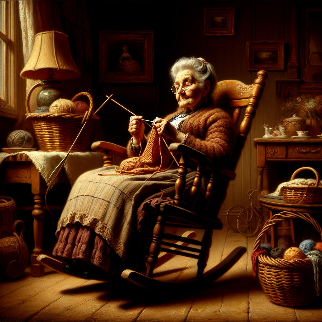 Elderly Woman Knitting in a Cozy Room Setting