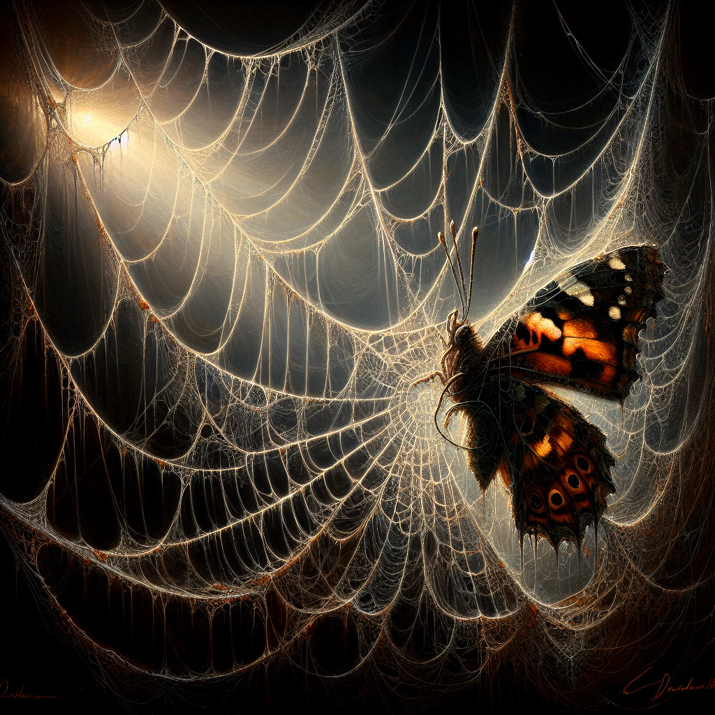 Butterfly in Web: Orange and Black Patterns Displayed