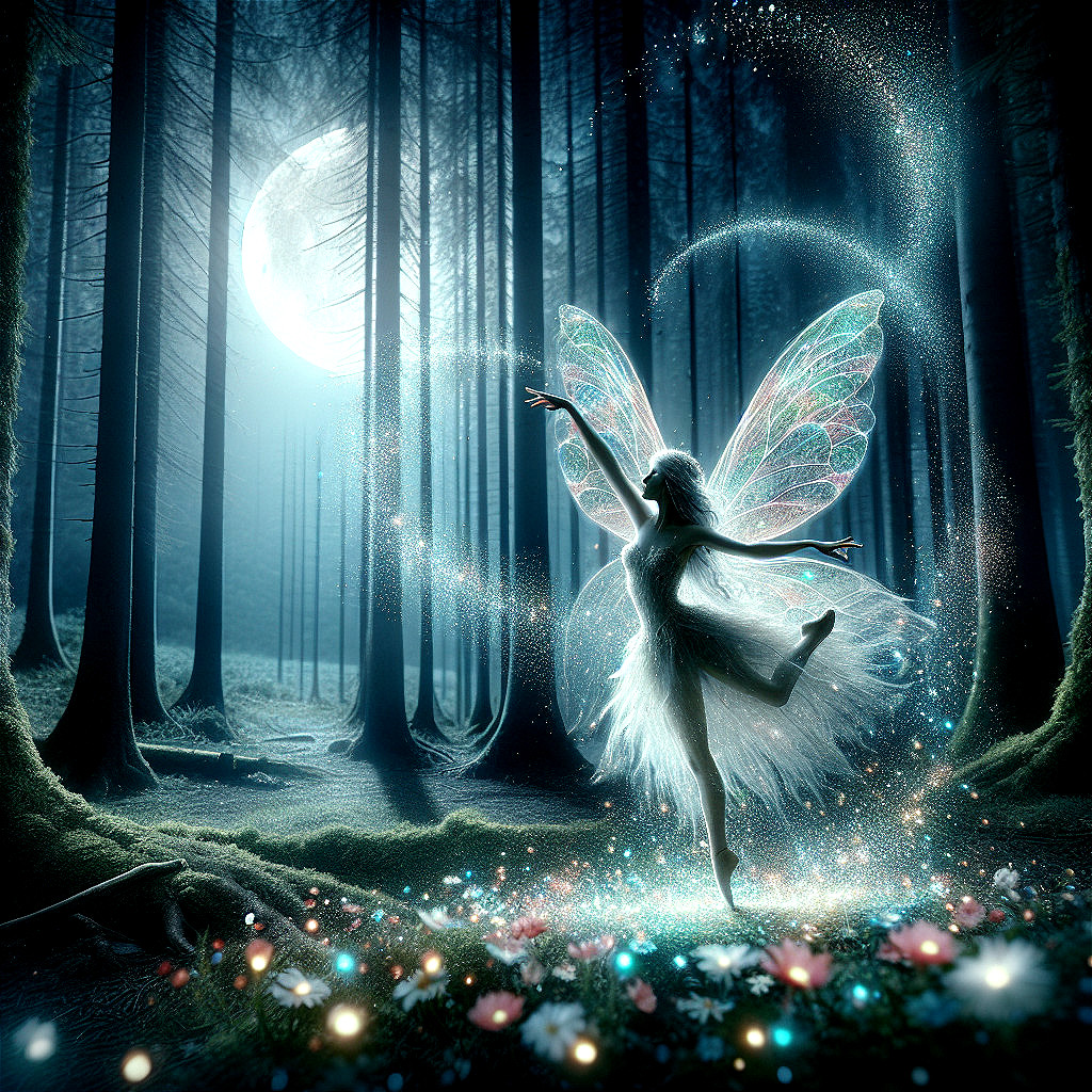 Fairy dancing in a moonlit forest of vibrant flowers