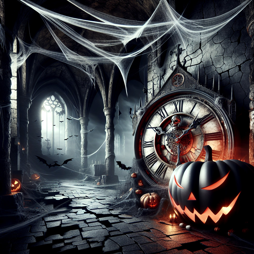 Gothic Halloween Scene with Pumpkins and Cobwebs