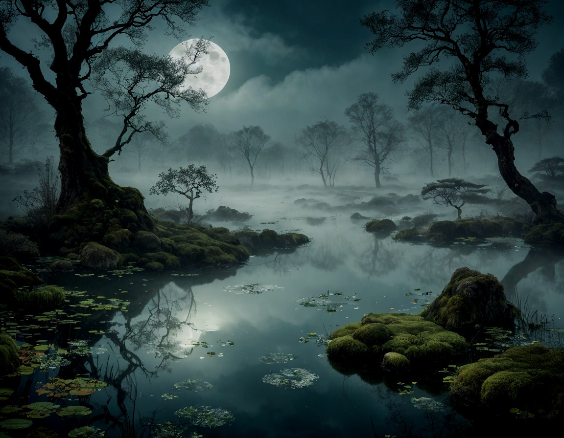Moonlit Landscape with Reflective Pond and Mist