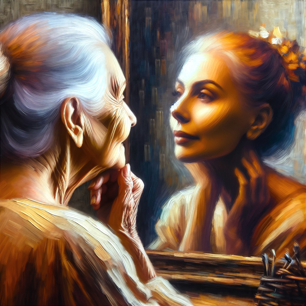 Elderly Woman and Younger Reflection in a Mirror