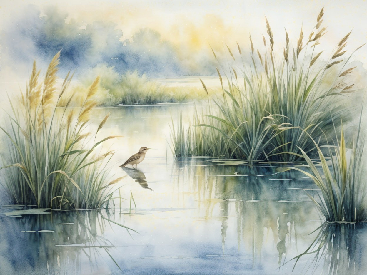 Tranquil Watercolor Marsh Landscape with Bird Reflection