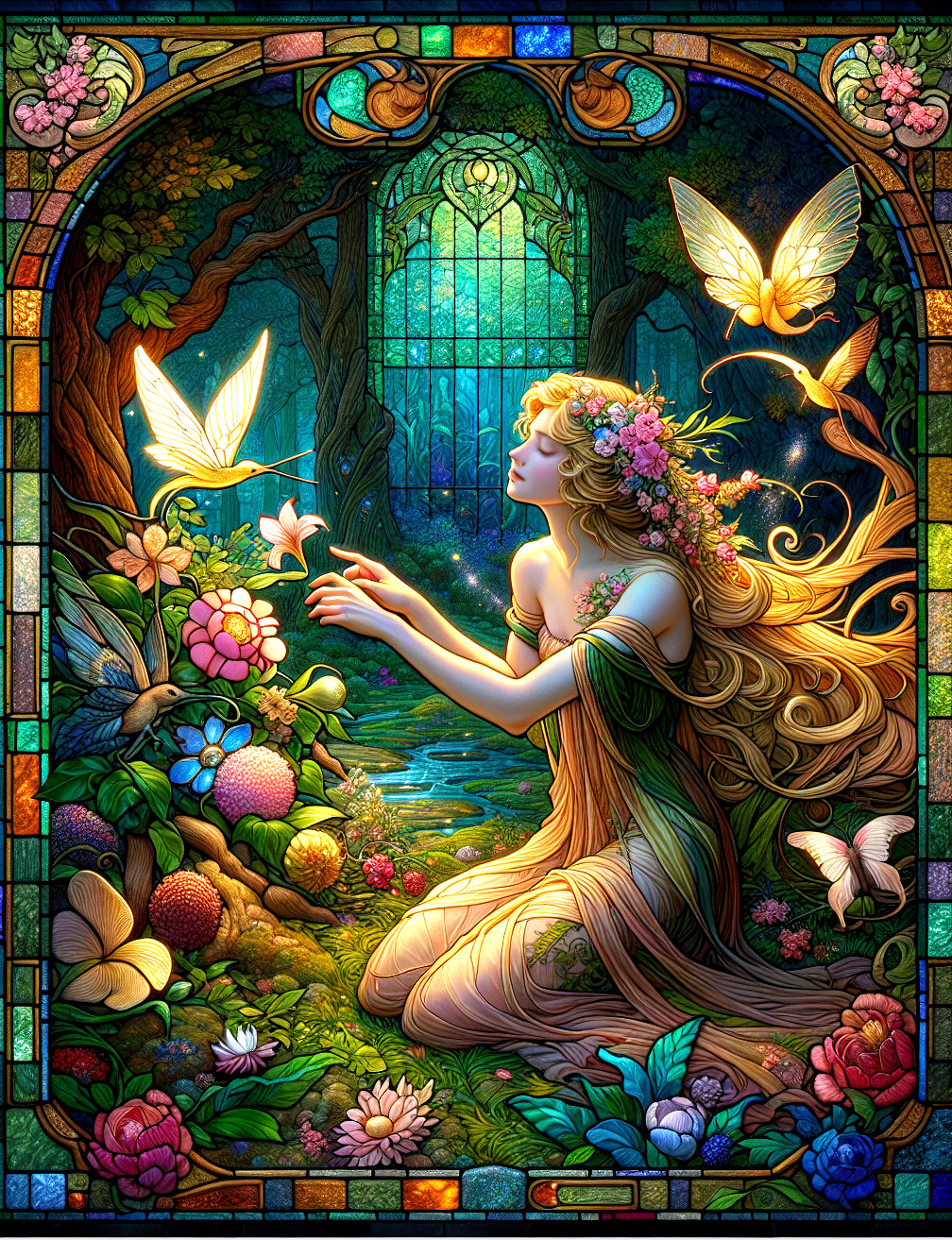 Enchanted Forest Scene with Woman and Butterflies