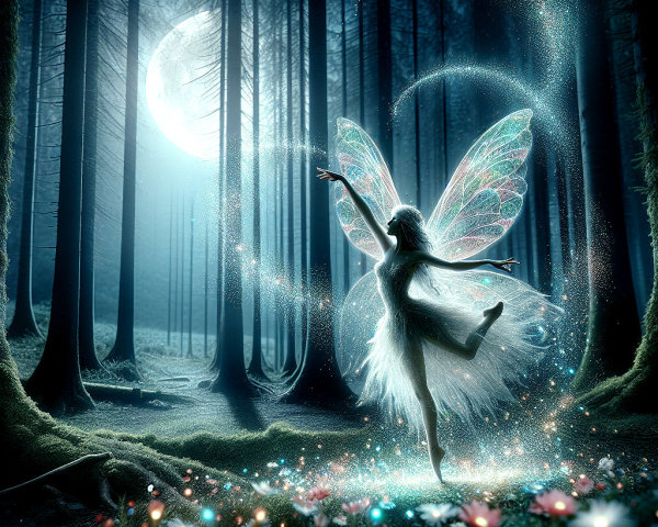 Fairy dancing in a moonlit forest of vibrant flowers
