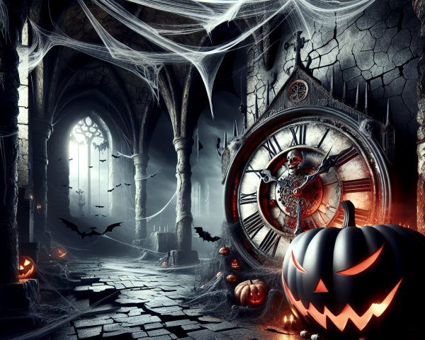 Gothic Halloween Scene with Pumpkins and Cobwebs