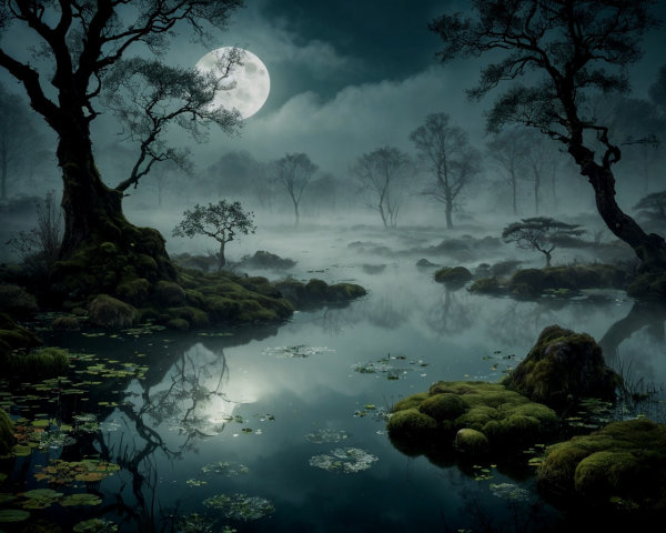 Moonlit Landscape with Reflective Pond and Mist