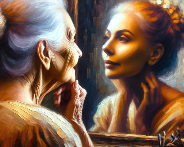 Elderly Woman and Younger Reflection in a Mirror