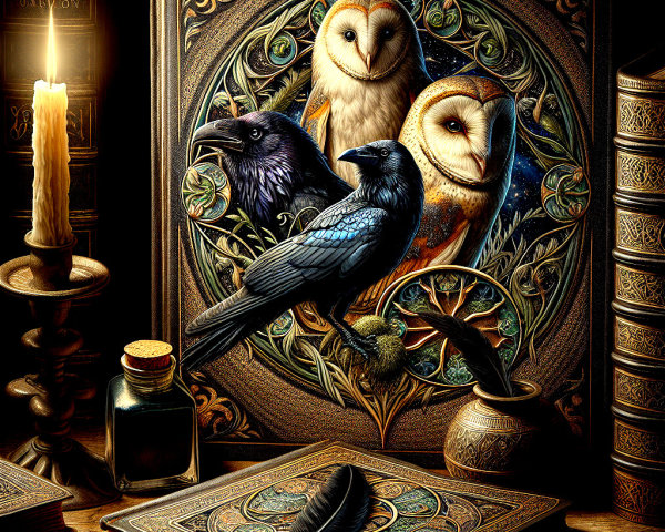 Illustration of Owls and Ravens in Mystical Setting