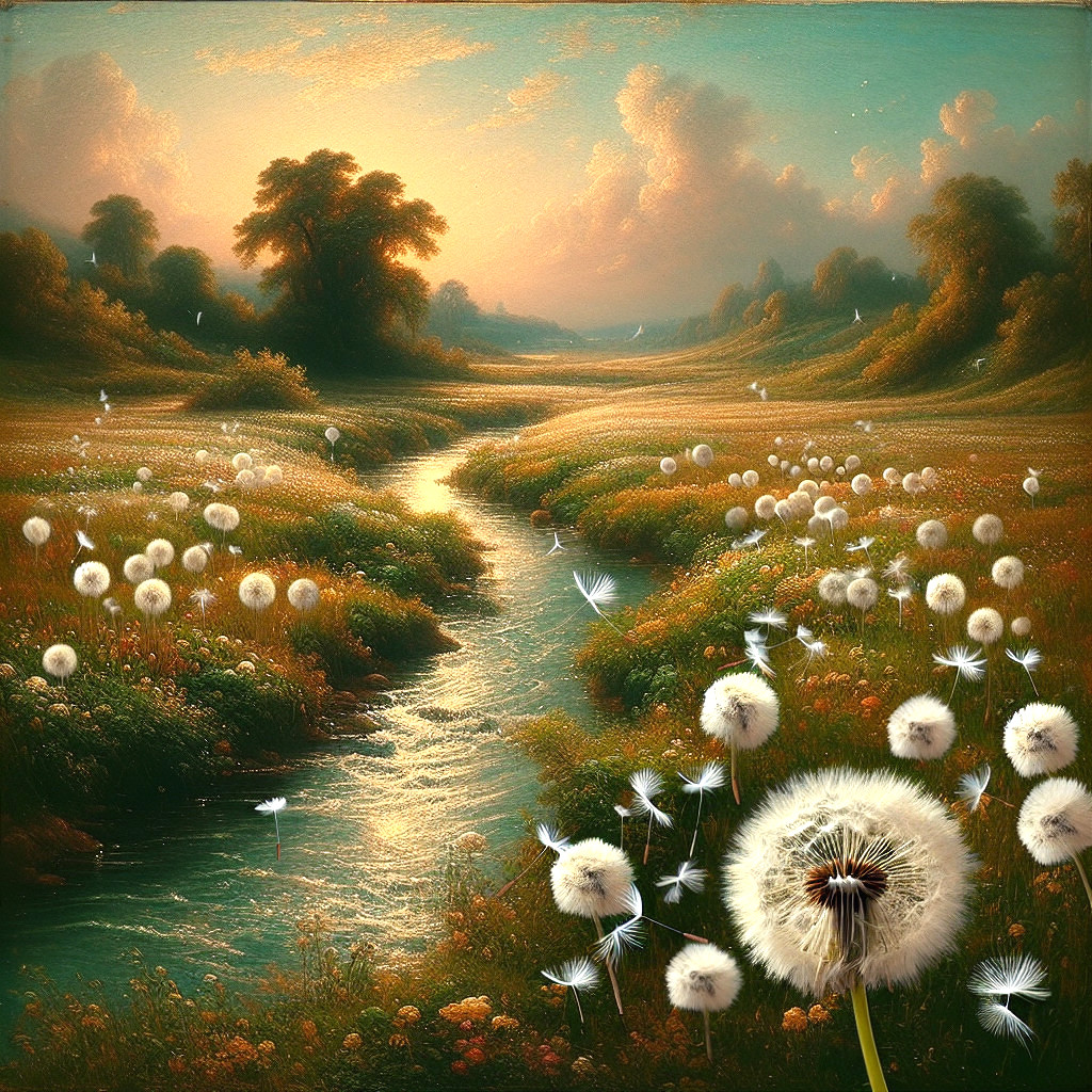 Serene Landscape with Stream and Dandelion Puffballs