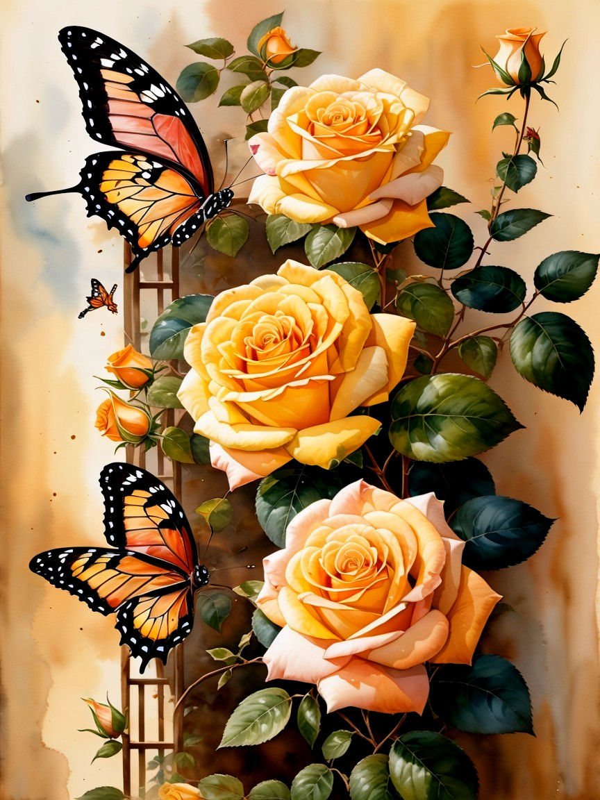 Vibrant Yellow Roses with Butterflies and Green Leaves