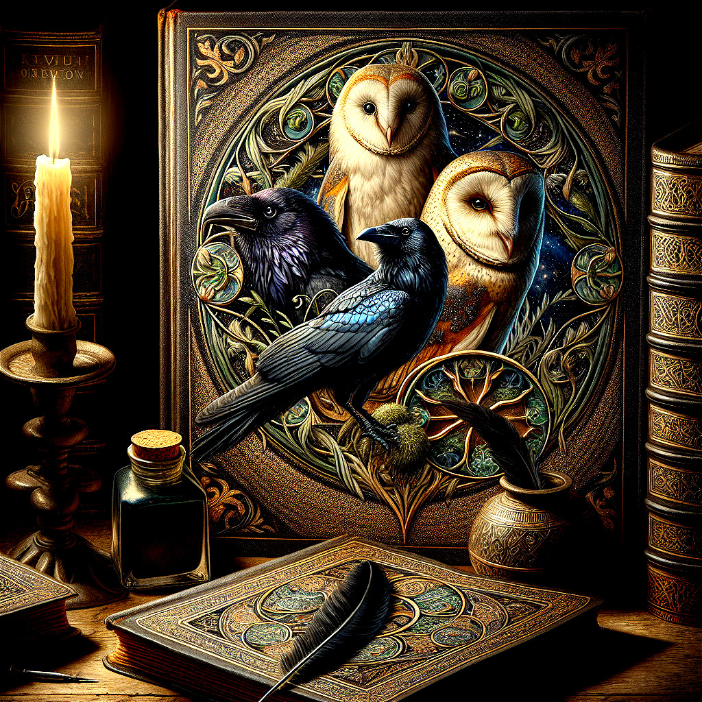 Illustration of Owls and Ravens in Mystical Setting