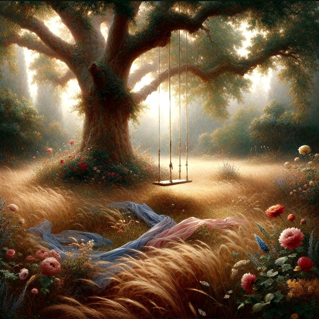 Serene Landscape with Majestic Tree and Vibrant Flowers