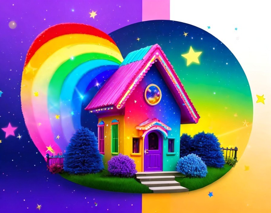 Whimsical Rainbow House with Cosmic Backdrop
