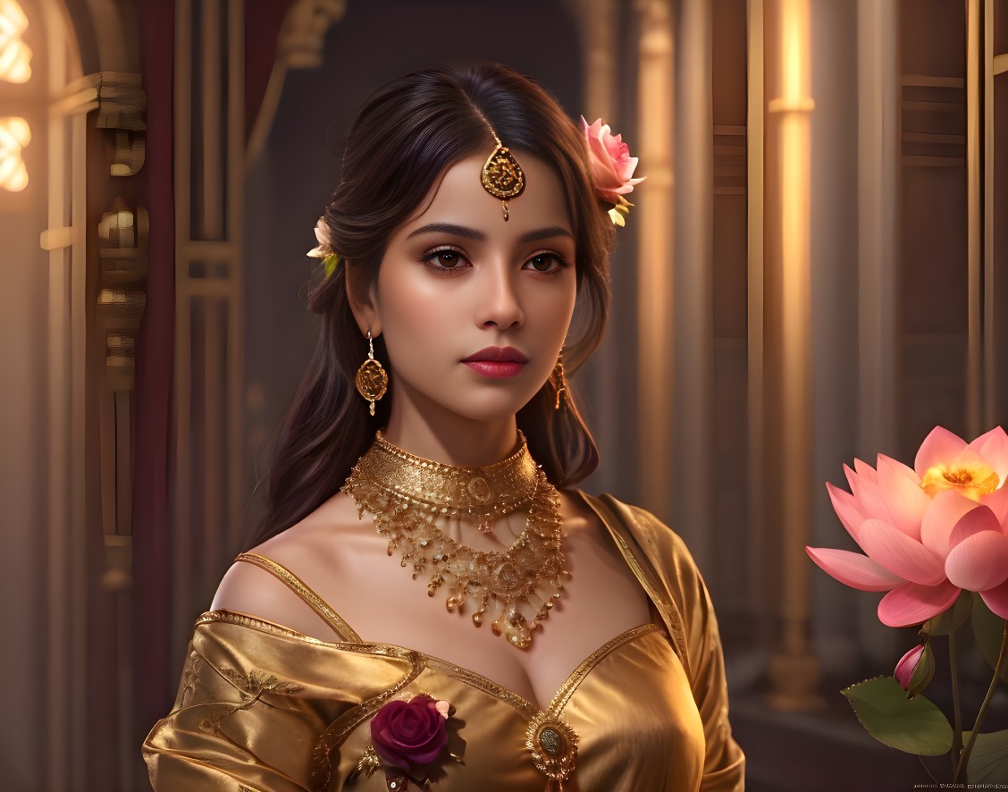 Woman in Traditional Attire with Gold Jewelry and Lotus