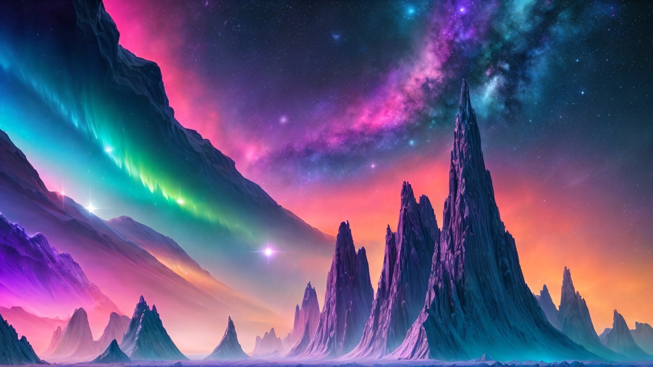 Vibrant Cosmic Landscape with Colorful Mountains and Sky