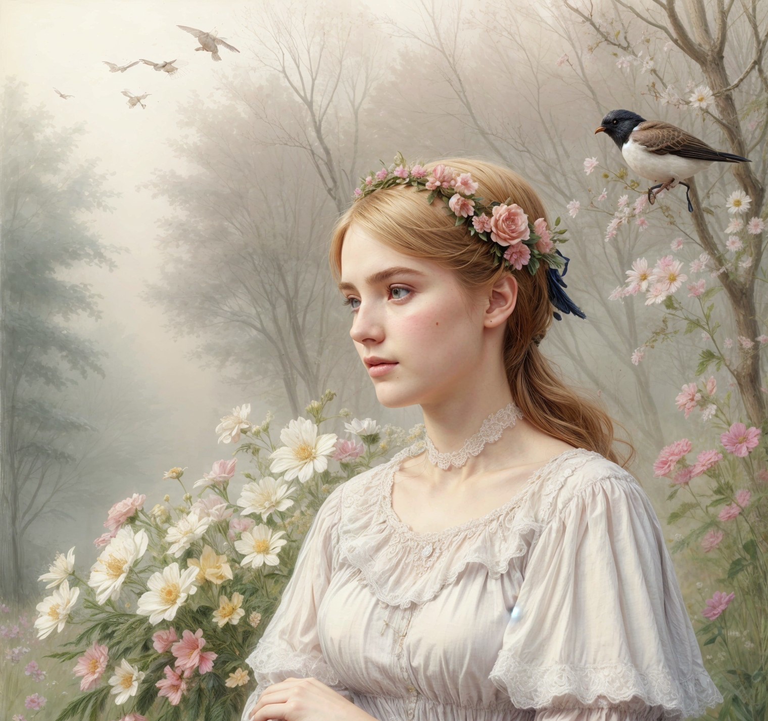 Serene Young Woman in Dreamy Floral Landscape