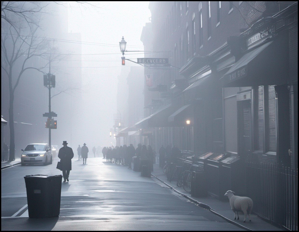 Foggy Urban Street Scene with Silhouettes and Sheep
