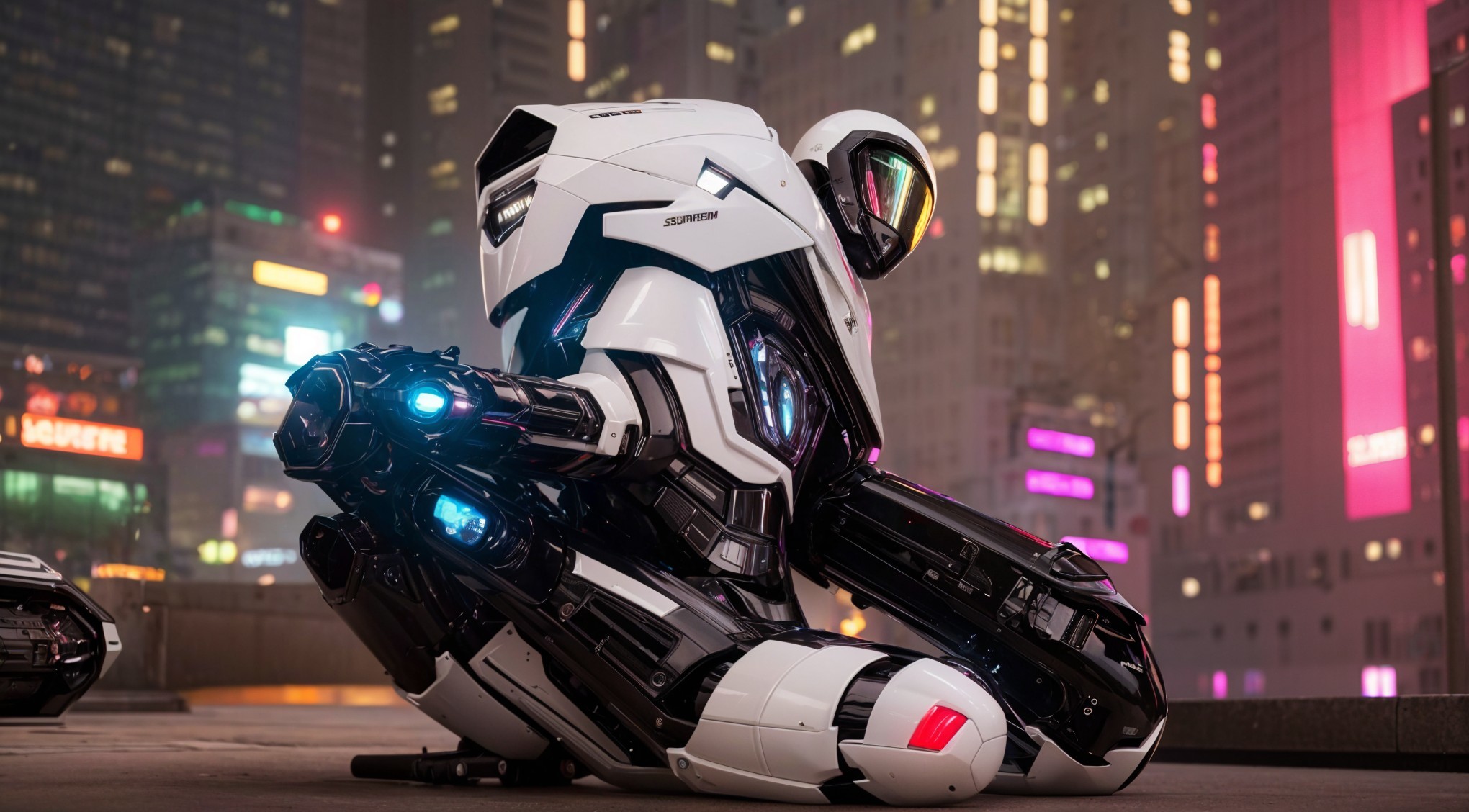 Futuristic Robot on Rooftop in Urban Nightscape