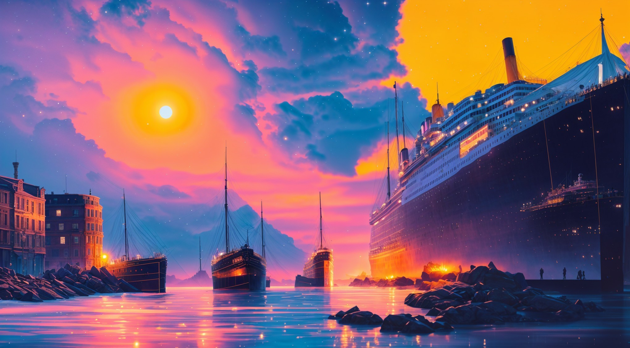 Vibrant Sunset Over Serene Harbor with Majestic Ships