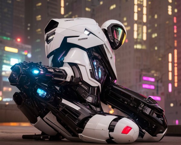 Futuristic Robot on Rooftop in Urban Nightscape