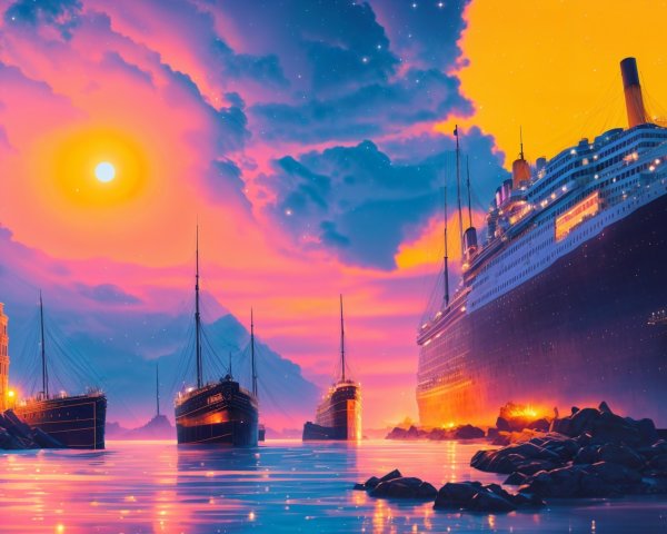 Vibrant Sunset Over Serene Harbor with Majestic Ships