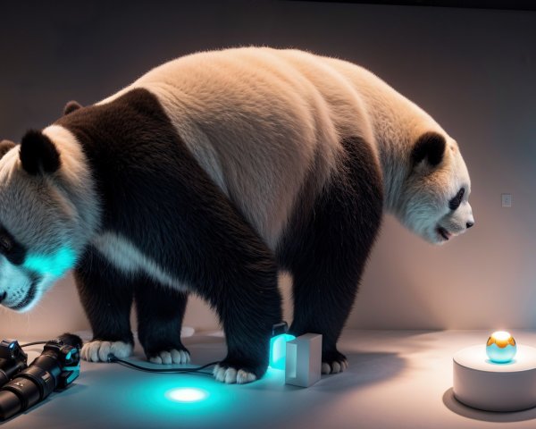 Giant Panda Explores High-Tech Gadgets in Soft Light