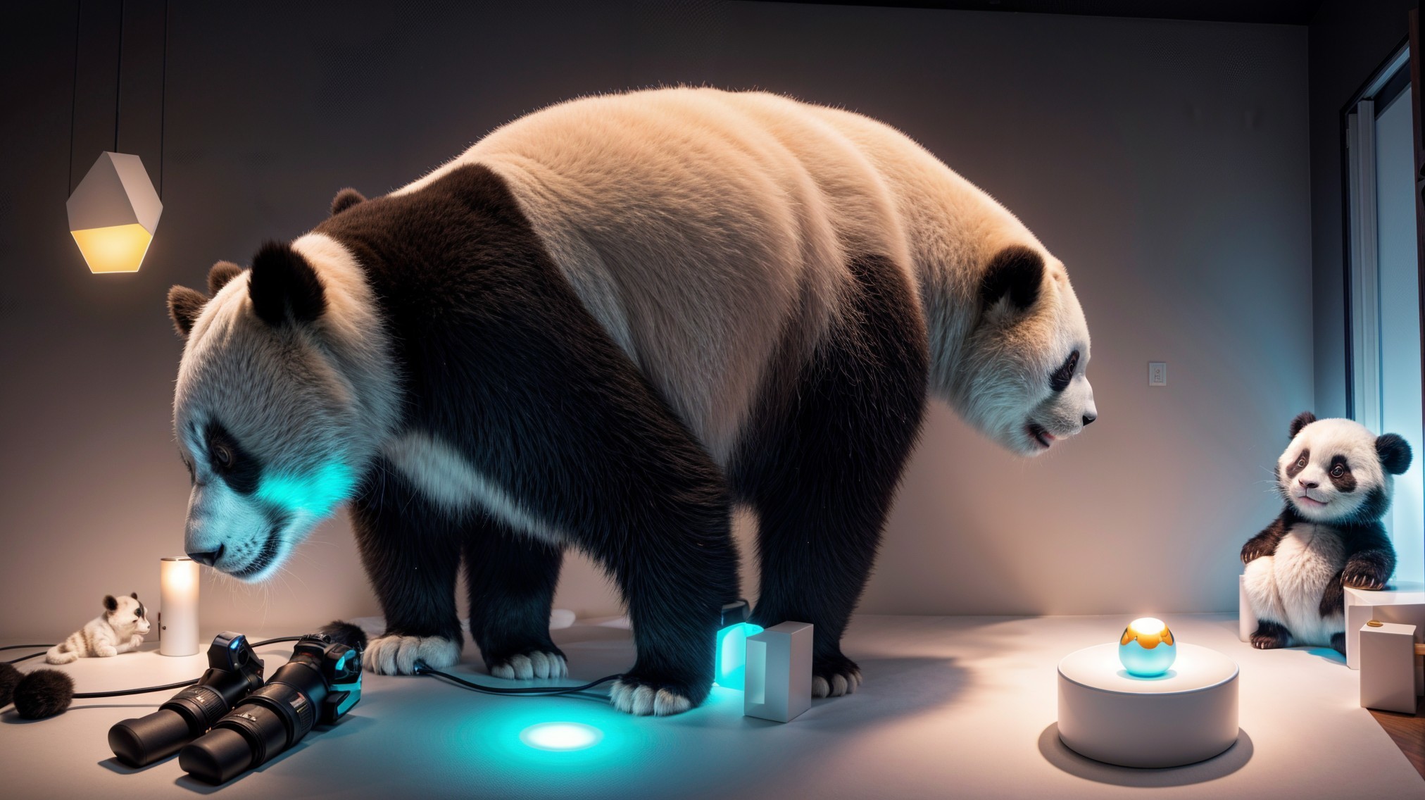 Giant Panda Explores High-Tech Gadgets in Soft Light