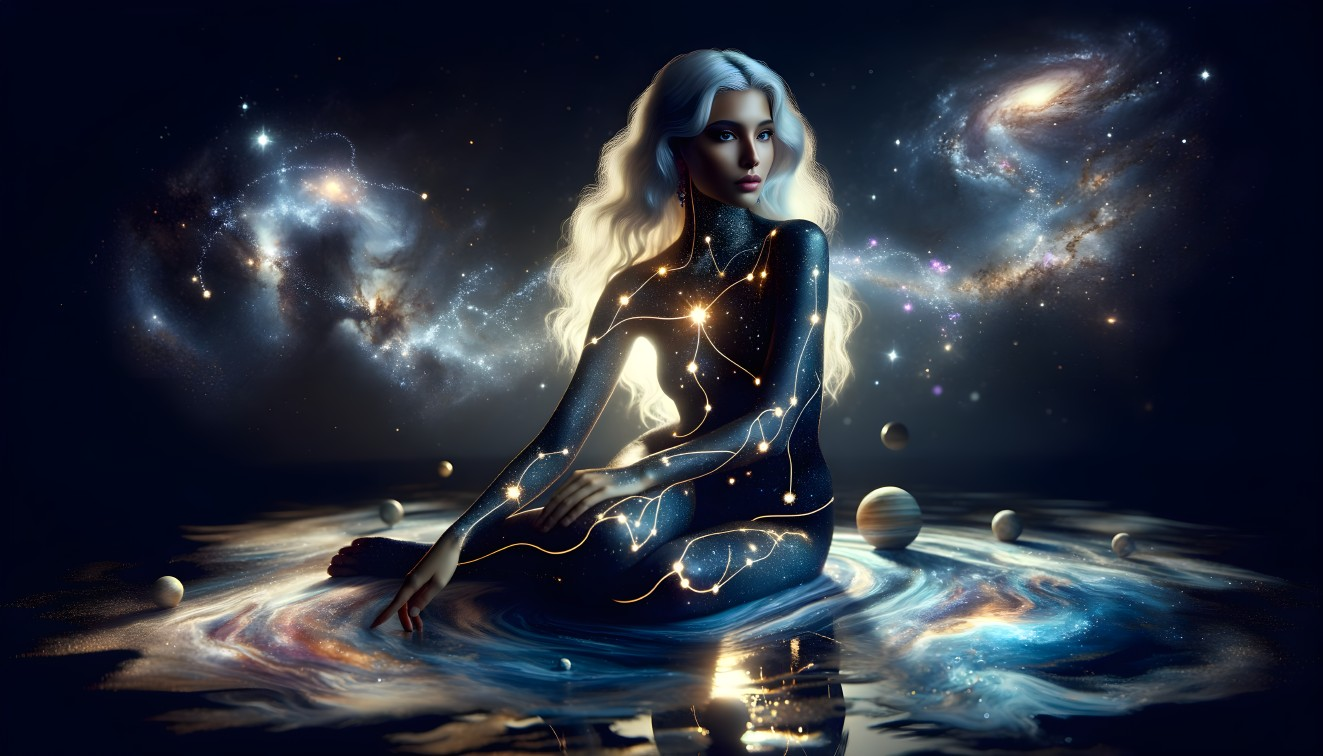 Surreal Image of Woman in Cosmic-Themed Outfit