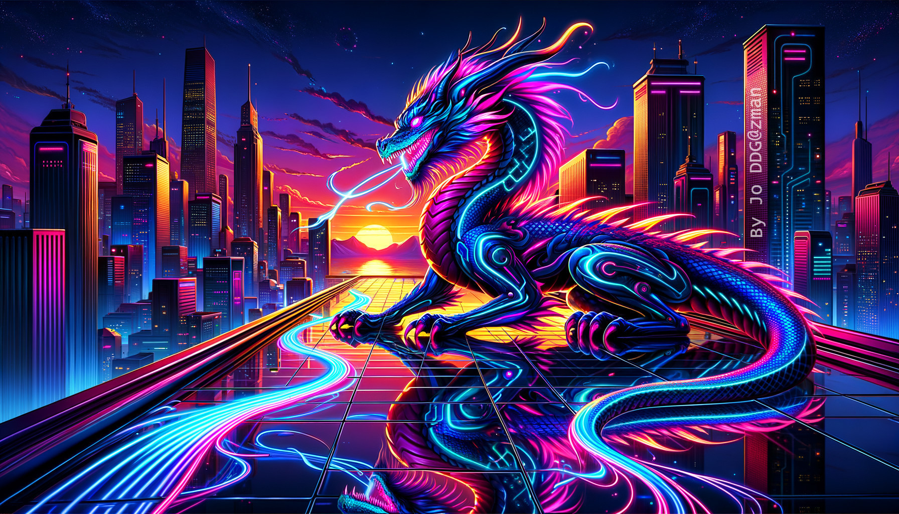 Neon Dragon on Reflective Surface in Sunset Cityscape
