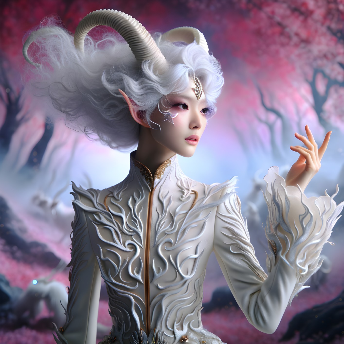 Ethereal Being in Intricate Armor Amidst Pink Forest