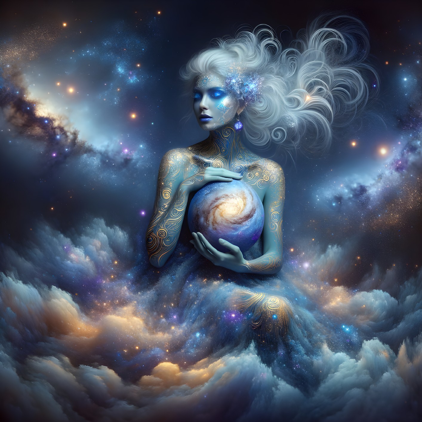 Blue-skinned mythical being holds glowing galaxy in cosmic scene