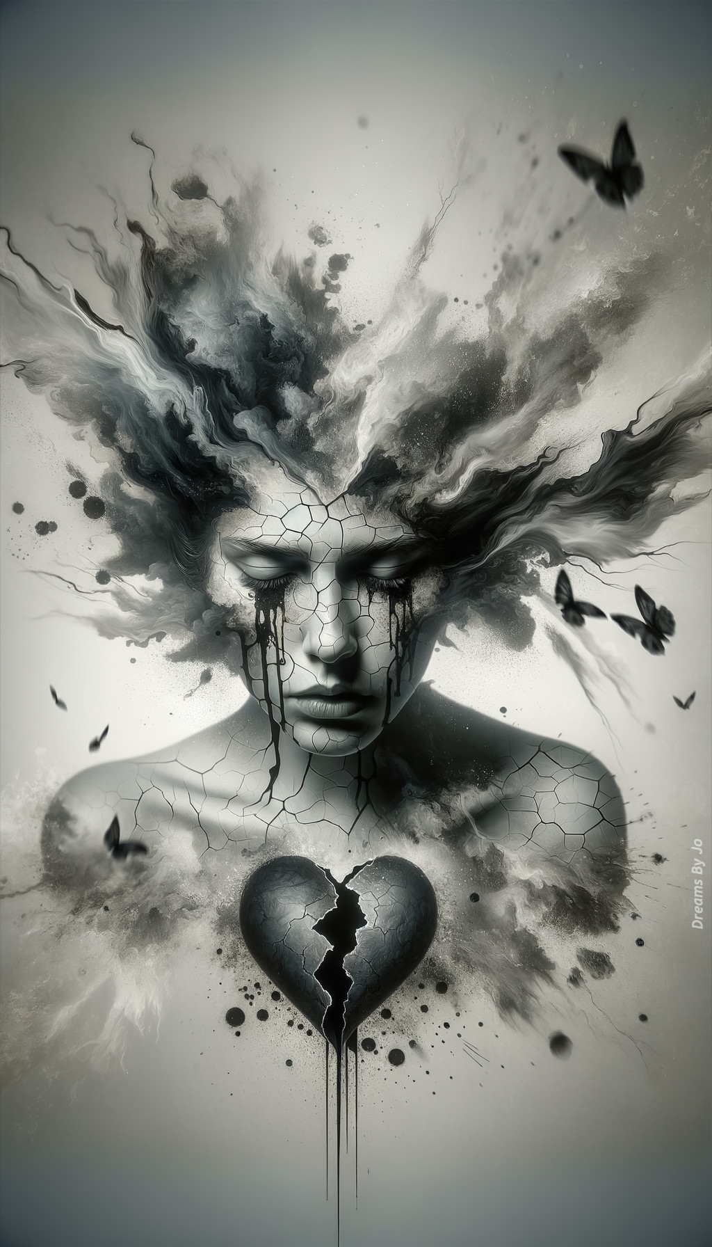 Monochromatic artwork: Distraught person with cracked heart, chaos cloud, butterflies.