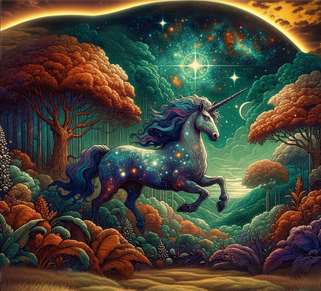 Unicorn in Enchanted Forest with Celestial Elements