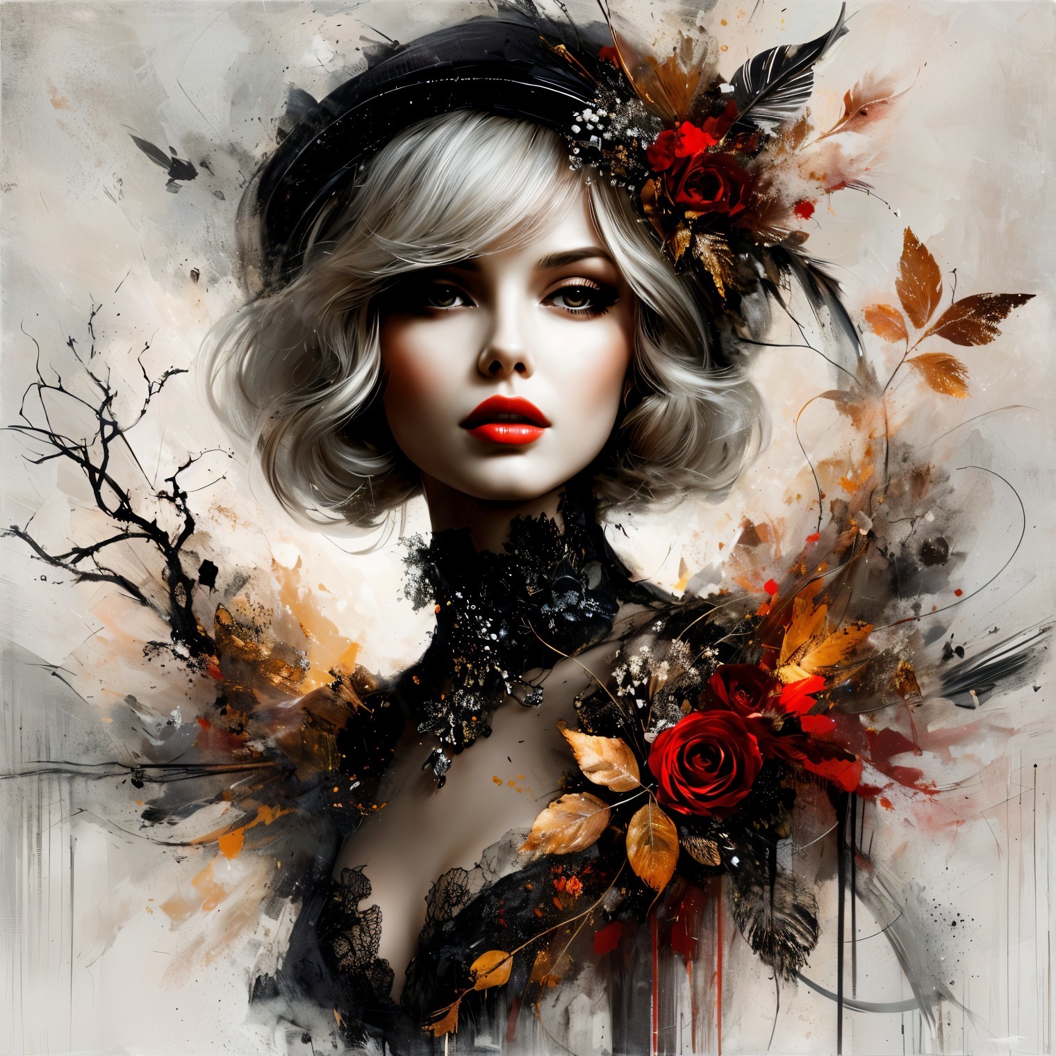 Portrait of a Woman with Silver-Blonde Hair and Roses