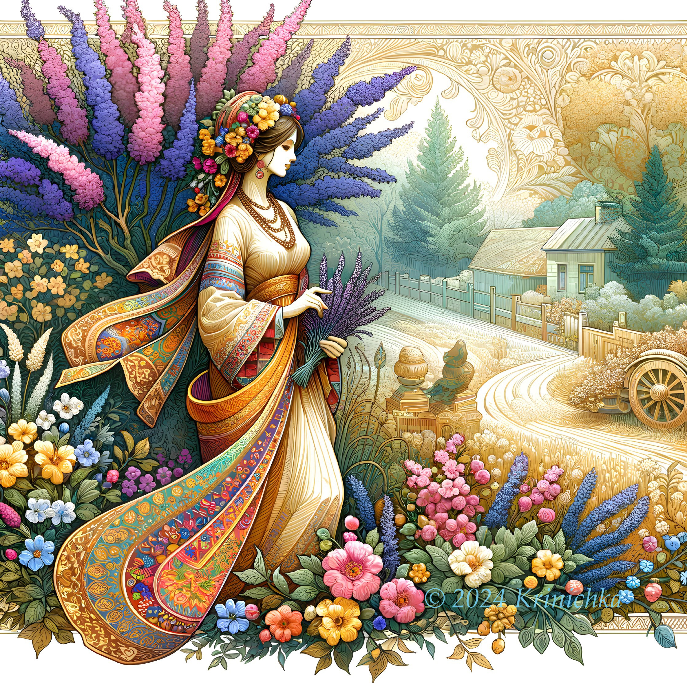 Detailed illustration of woman in classical attire with flowers and village scene.